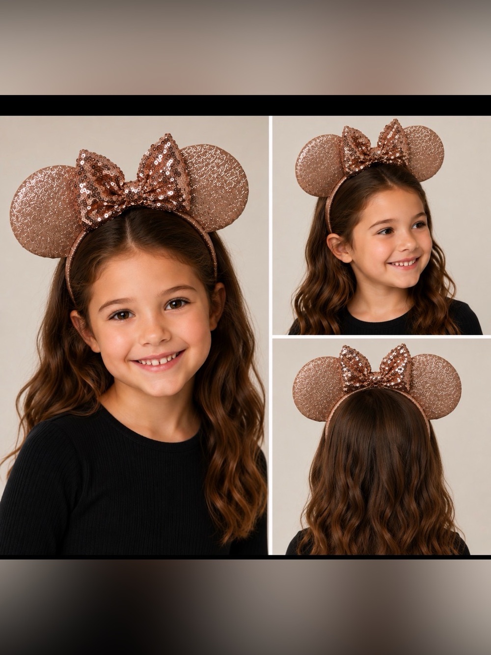 Rose Gold Glitter Mouse Ears Headband Sequin Bow Minnie Inspired
